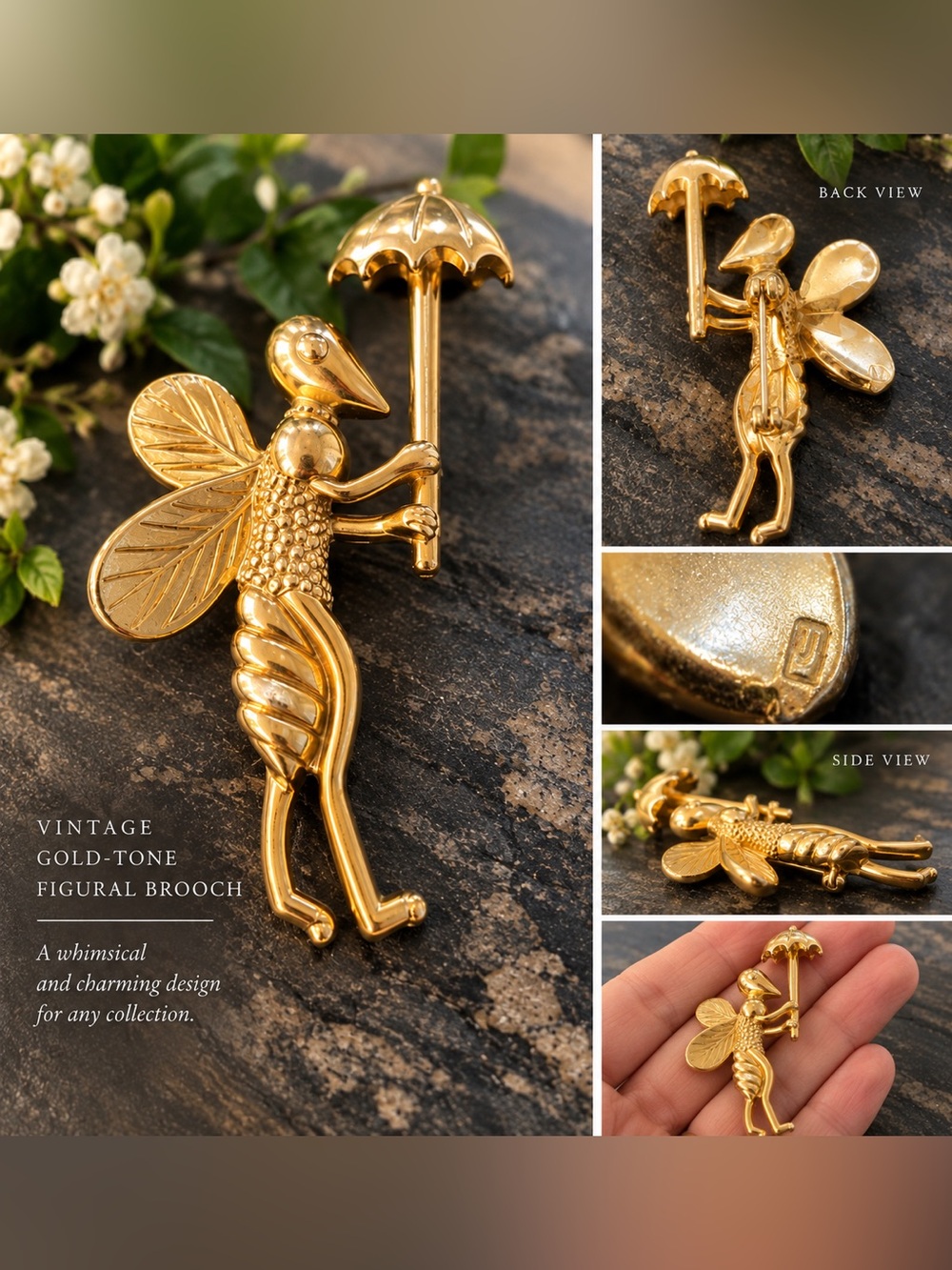 Vintage Gold-Tone Bee with Umbrella Brooch